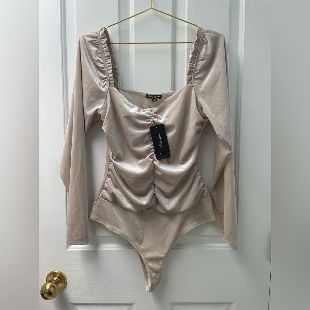 L NWT Shine Star Long Sleeve Champagne Velvet Body Suit